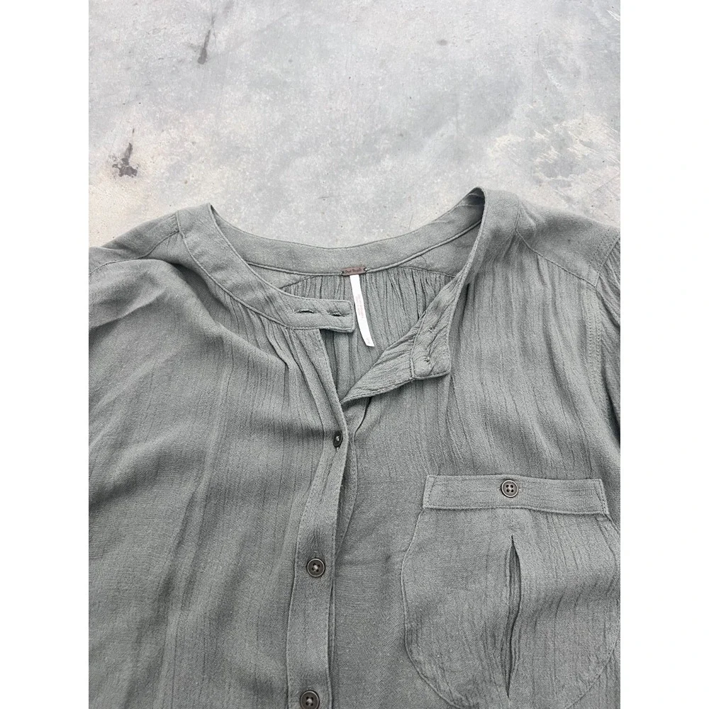Free People Henley Blouse Top Women Small Olive Green Long Sleeve Boyfriend Boho